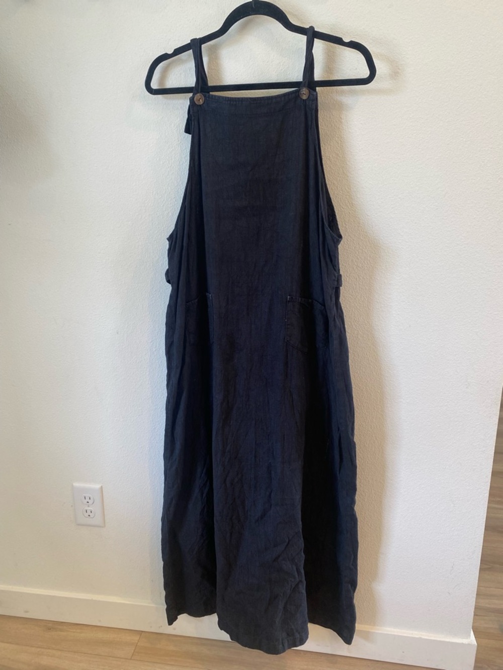 Linen Black Overall Maxi Pinafore Dress XL Pockets